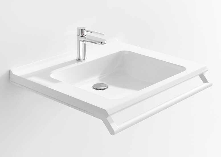 HEWI barrierefreier Waschtisch Barrierefreier Waschtisch mit Haltegriff in der Farbe Weiß matt aus Edelstahl und Einhebelarmatur Chrom mit weißem Griffelement aus Polyamid