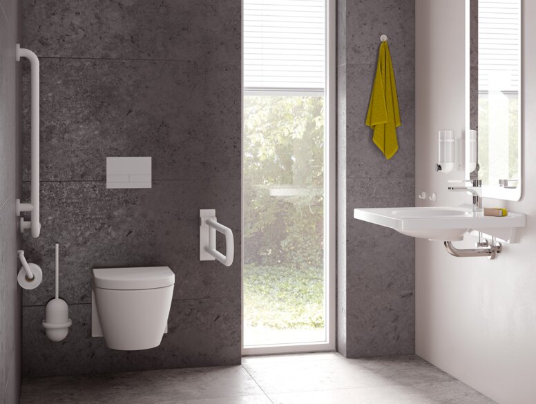Barrier-free bathroom with washbasin and WC equipped with HEWI series 477/801 signal white matt | © HEWI Barrierefreies Bad Signalweiß matt 