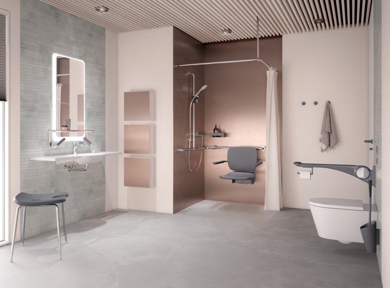 Barrierefreies Pflegebad HEWI Liftsystem Anthrazit matt Barrierefreies Pflegebad mit Waschplatz, Duschbereich und WC